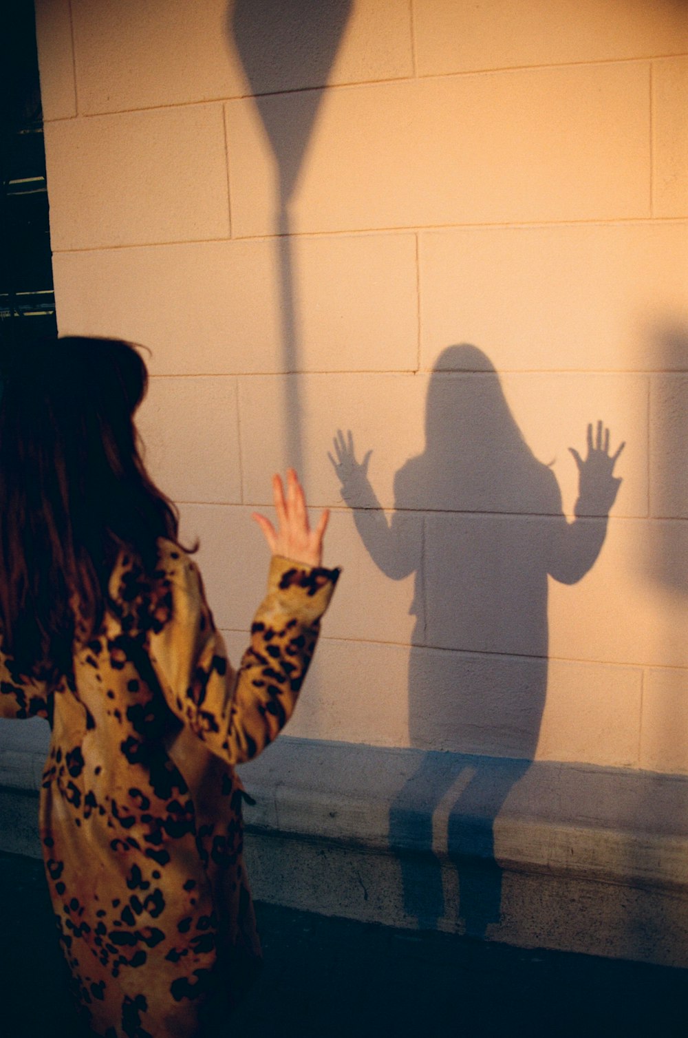 a woman standing in front of a shadow of a person