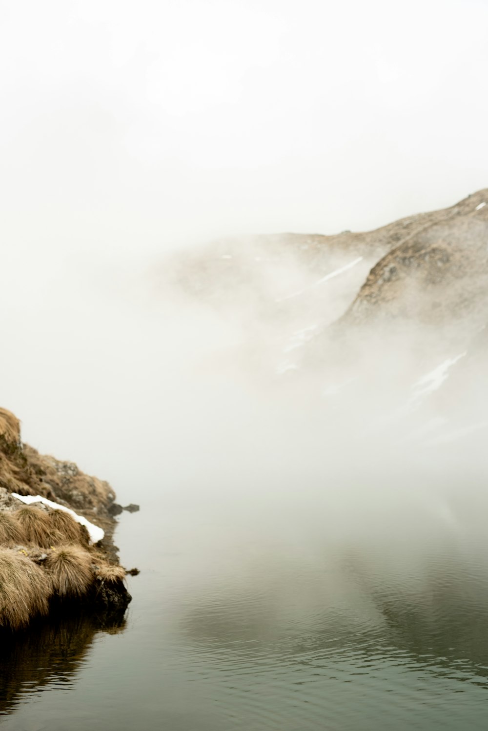 a body of water surrounded by snow covered mountains