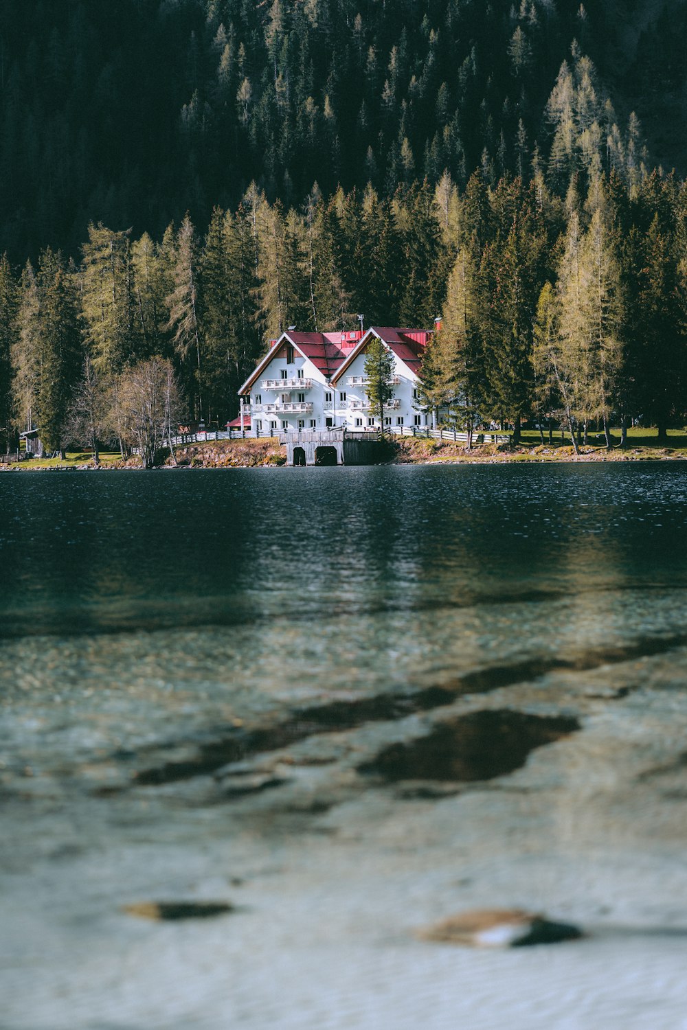 a house sitting on top of a lake next to a forest