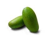Two green mangoes are positioned against a plain white background, one leaning slightly against the other, both showing a smooth and vibrant texture.