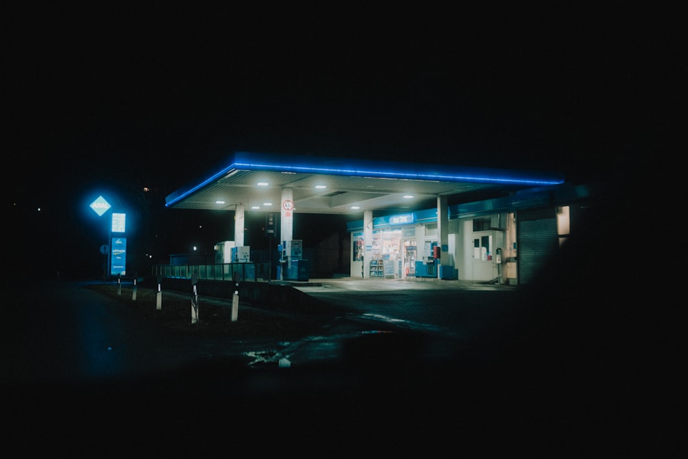 white and blue concrete building during night time