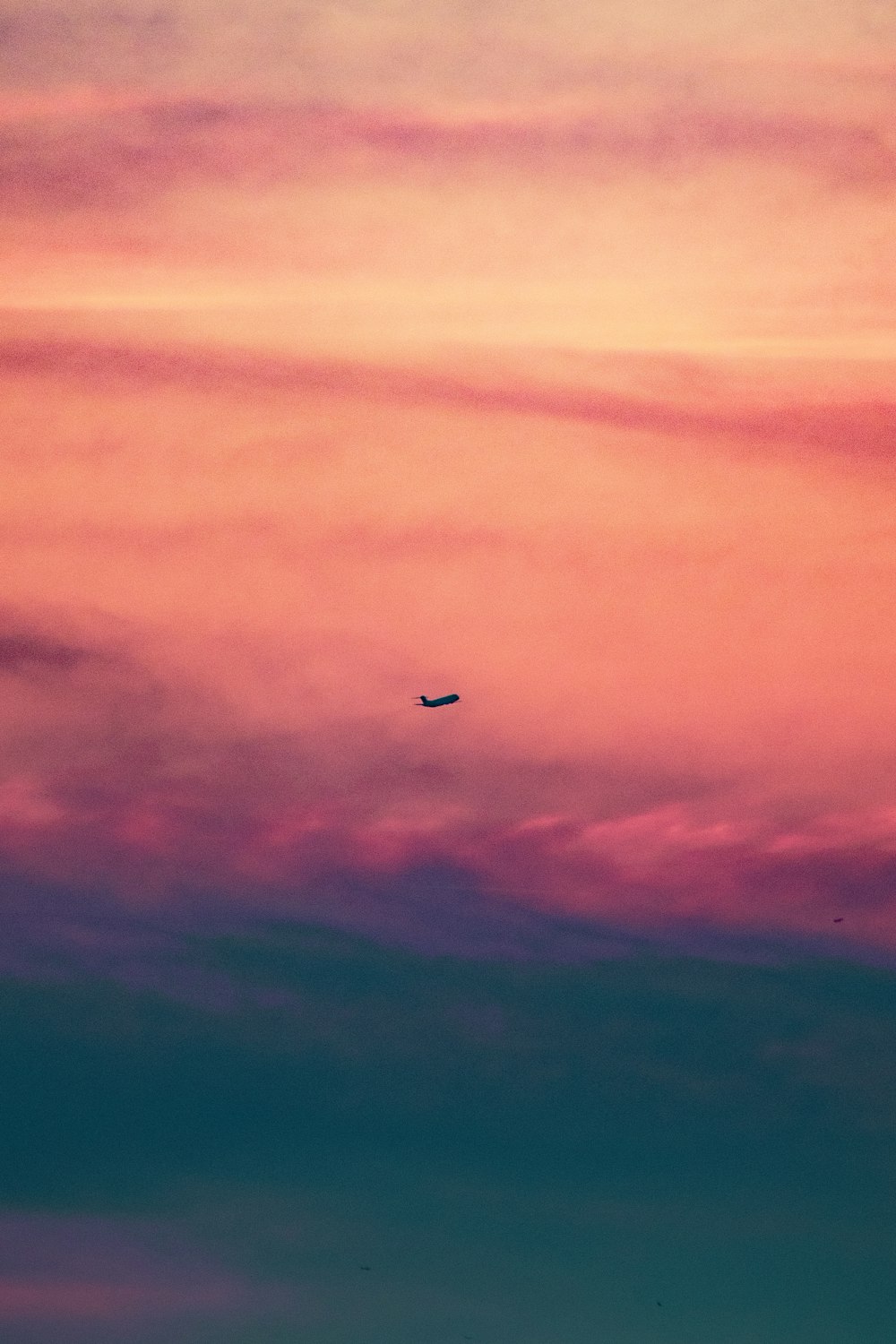 a plane flying in the sky at sunset