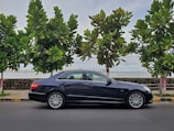 A black luxury sedan is parked by the side of a road, facing to the right. The background features a row of tall, green trees and a stone wall separating the road from a body of water. In the distance, a cityscape with several buildings is visible under a partly cloudy sky.