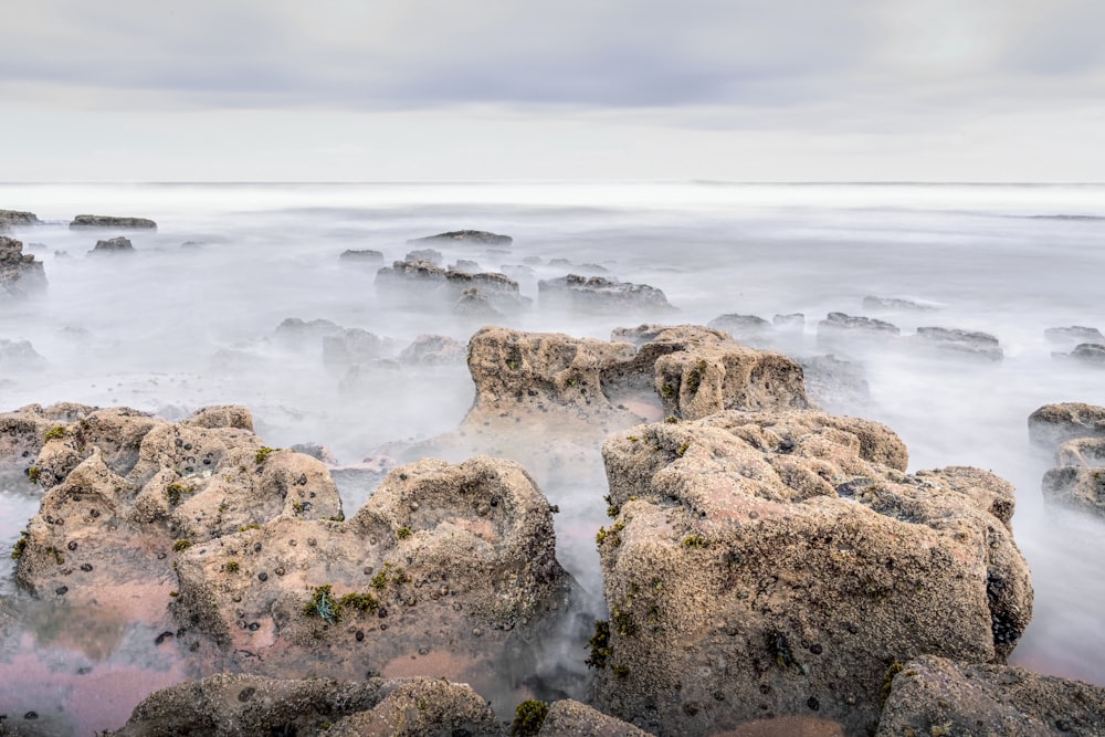 Rocas marrones en la orilla del mar durante el día