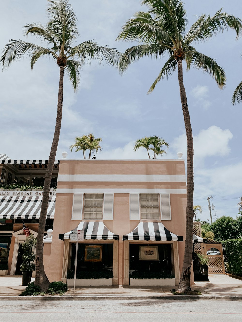 a pink building with two palm trees in front of it