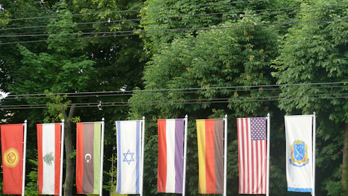Flags of USA, Australia, and Europe surrounding a digital network
