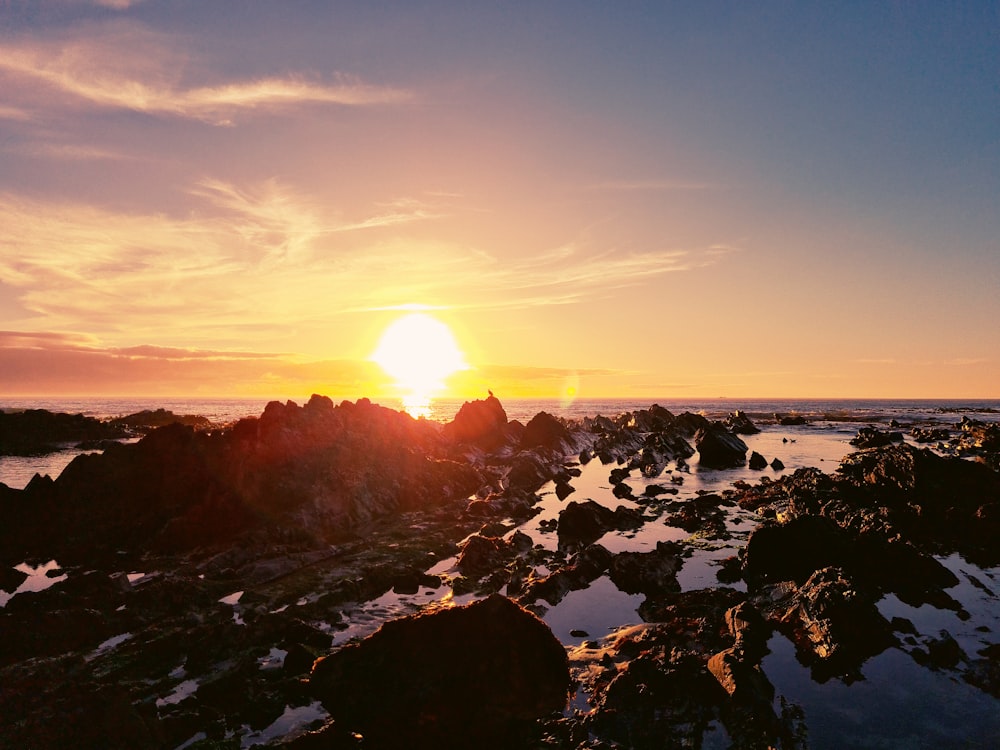 rocky shore during sunset under blue sky