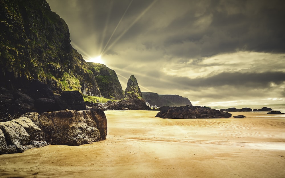 brown rock formation on beach during daytime