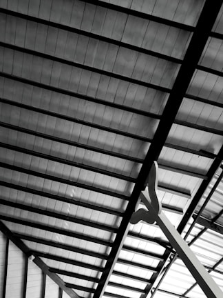 A detailed view of a metallic roof structure showing beams and panels in a geometric arrangement. The panels appear to be made of a translucent material, allowing some light to pass through. A large, abstract sculpture or support structure is visible in the foreground, extending upwards.