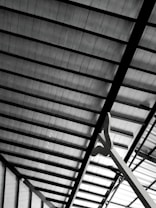 A detailed view of a metallic roof structure showing beams and panels in a geometric arrangement. The panels appear to be made of a translucent material, allowing some light to pass through. A large, abstract sculpture or support structure is visible in the foreground, extending upwards.