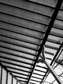 A detailed view of a metallic roof structure showing beams and panels in a geometric arrangement. The panels appear to be made of a translucent material, allowing some light to pass through. A large, abstract sculpture or support structure is visible in the foreground, extending upwards.