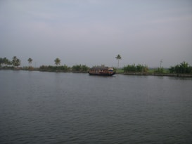 A serene waterway with a traditional houseboat floating calmly in the center, bordered by lush greenery and palm trees. The sky is overcast, adding a touch of tranquility to the scene.