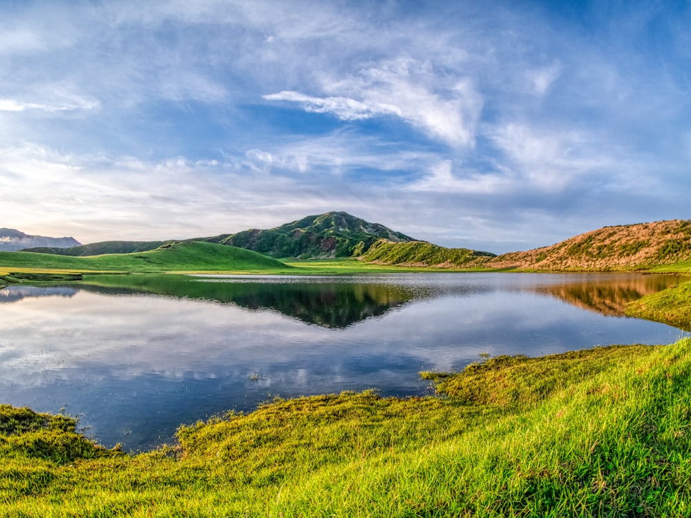 green grass field near lake under blue sky during daytime