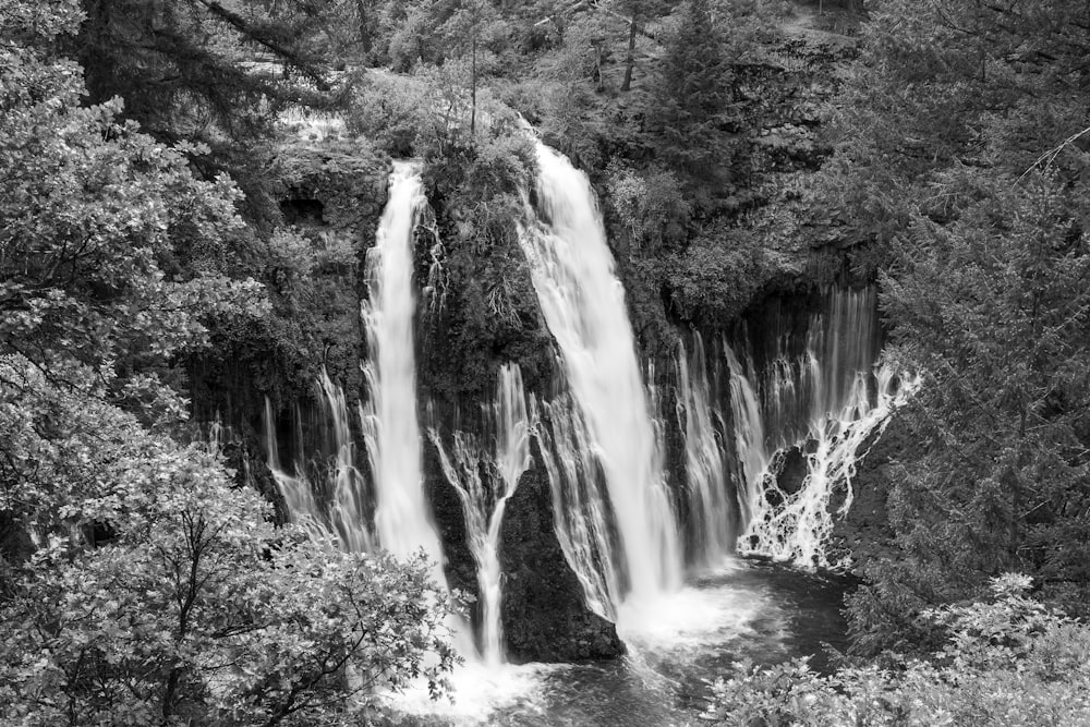 grayscale photo of water falls