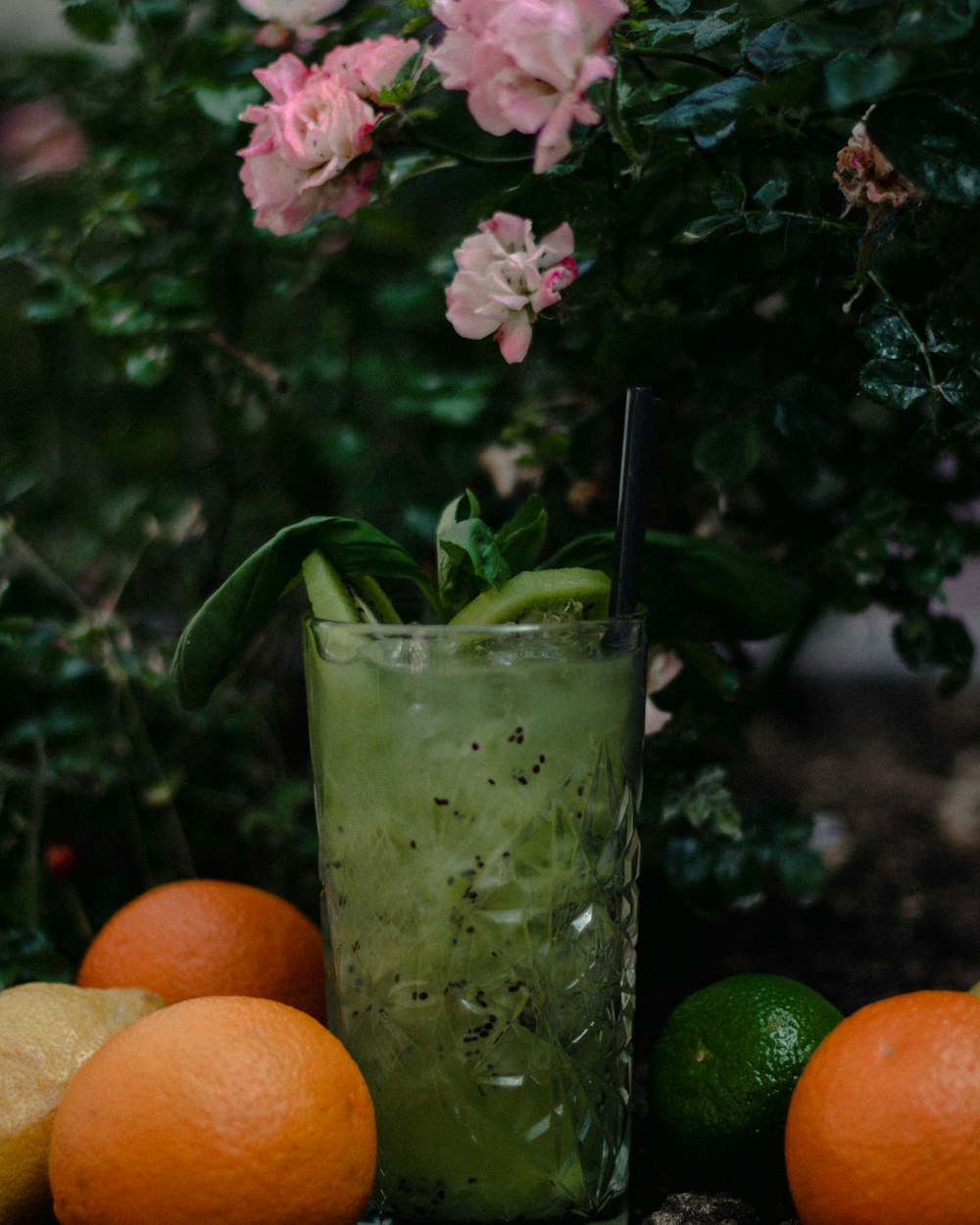 clear drinking glass with green liquid beside orange fruits