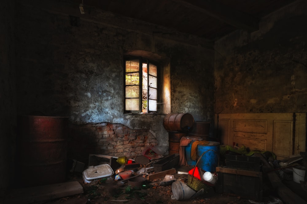 brown wooden barrels near window