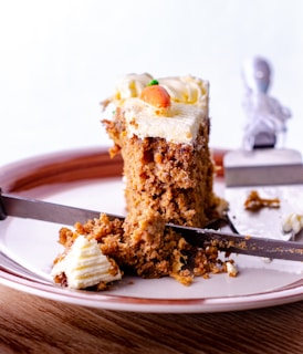 brown cake on white ceramic plate