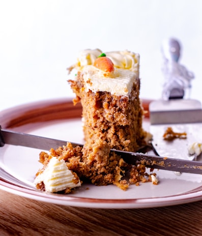 brown cake on white ceramic plate