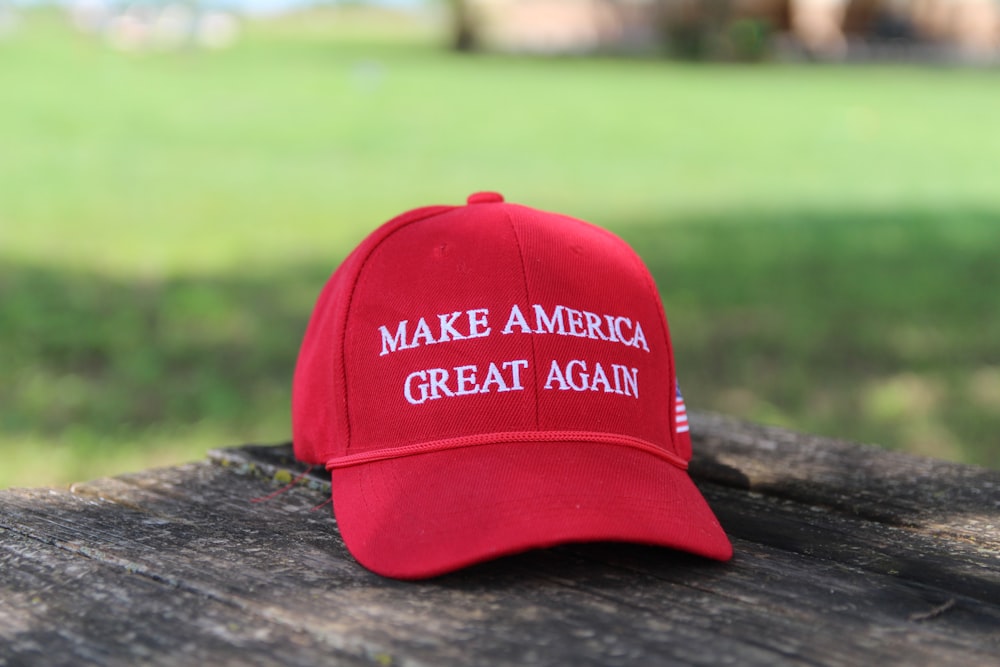 a red hat that says make america great again