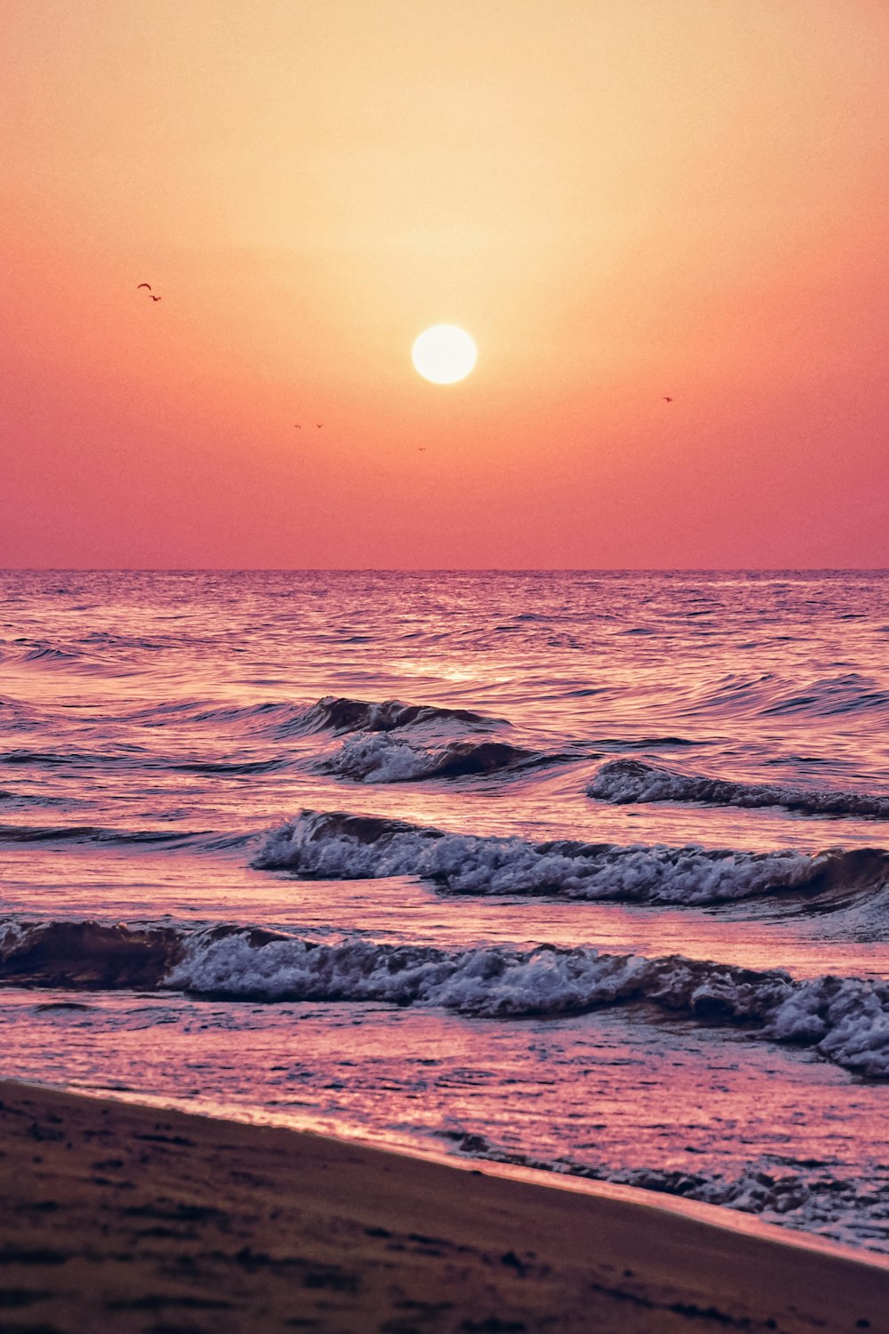 Olas del océano rompiendo en la costa durante la puesta de sol