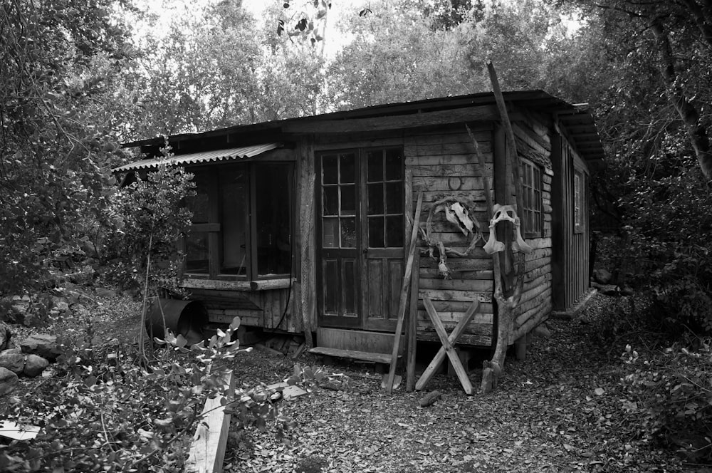 grayscale photo of wooden house near trees