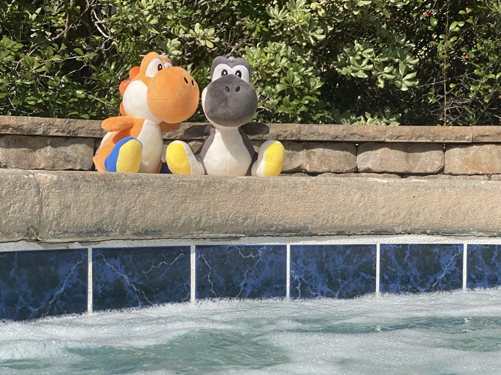 two yellow duck plush toys on concrete wall near swimming pool during daytime
