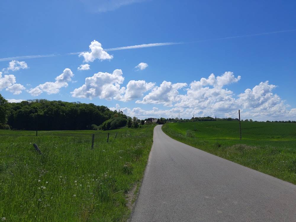 Camino de concreto gris entre campo de hierba verde bajo cielo nublado azul y blanco durante el día