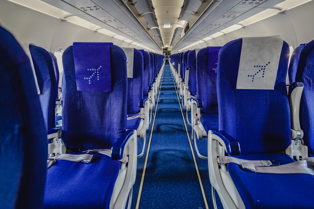 青と白の飛行機の座席