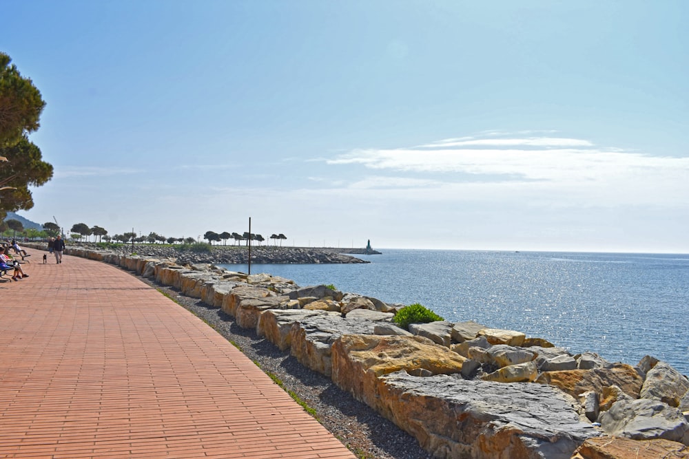 brown brick pathway near sea during daytime