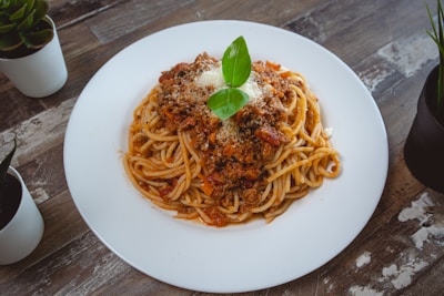 A steaming plate of classic spaghetti with rich tomato sauce and fresh basil garnish.