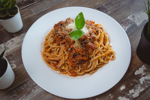 A rustic plate of spaghetti with rich tomato sauce and parmesan cheese.