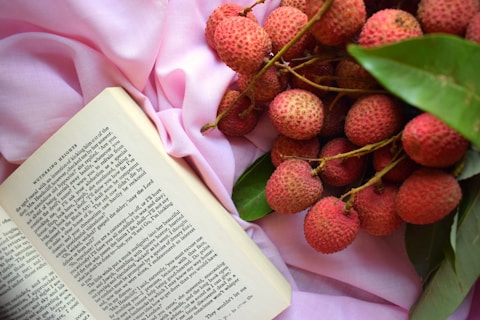 An open book lies on a soft pink fabric, next to a bunch of lychees with green leaves. The text on the book includes a title 'Wuthering Heights' and is visible clearly. The overall scene is arranged in a delicate and visually pleasing manner.
