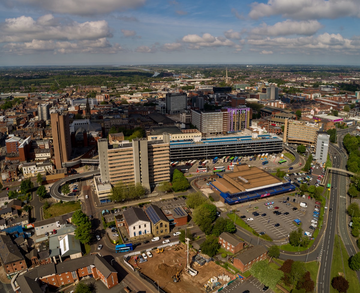 Aerial view of Preston city centre buildings in Lancashire