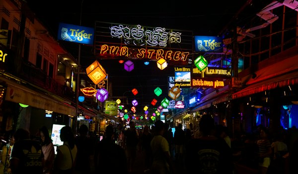 Pub Street after dark, which is what the street is actually called — Siem Reap, Cambodia
