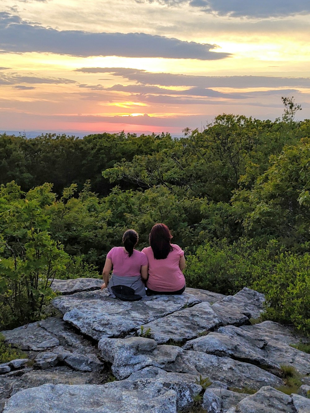 couple sitting on rock near green trees during sunset
