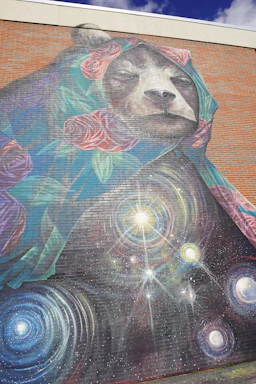 A large mural painted on a brick wall depicts a bear's face partially covered with a colorful scarf or shawl adorned with roses. Below the bear, swirling cosmic patterns and bright, star-like circles create a mystical, space-like atmosphere. The mural combines elements of nature and cosmic imagery.