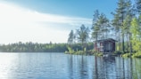 A charming blue cabin nestled among tall pine trees by the calm lake at sunset.