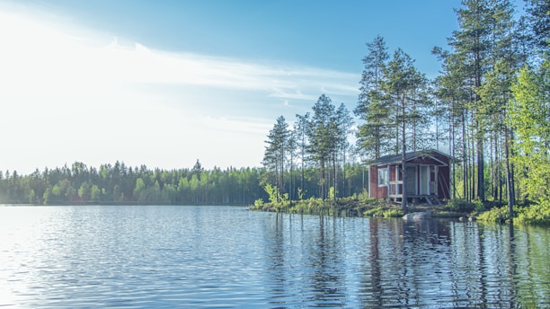 A serene lakeside cabin nestled among tall pine trees under a clear blue sky.