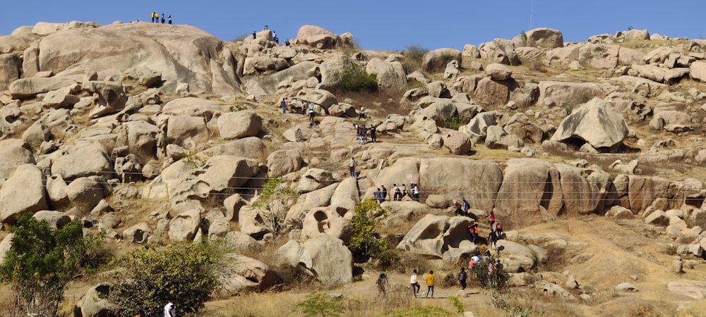people standing near gray rock formation during daytime