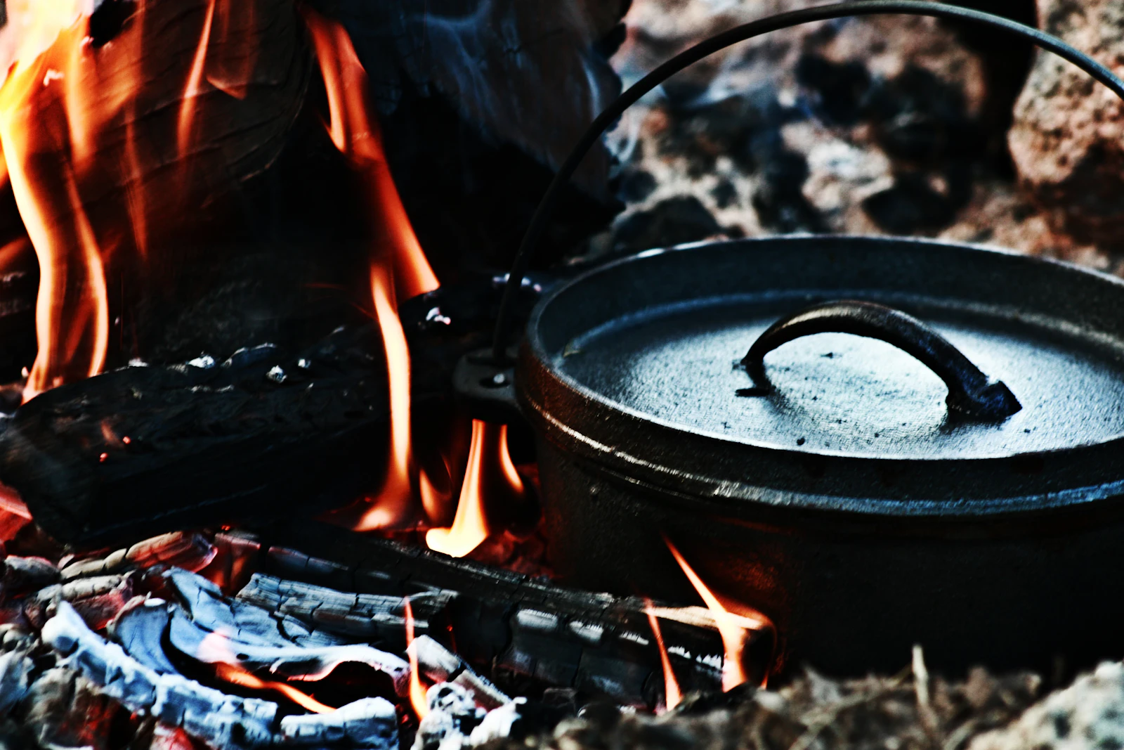 Cast iron pot over a fire