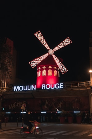 red and white windmill during night time
