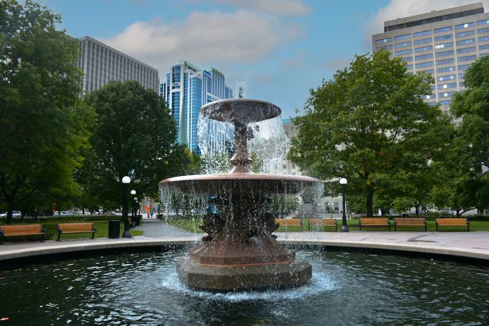 a water fountain in a park with buildings in the background