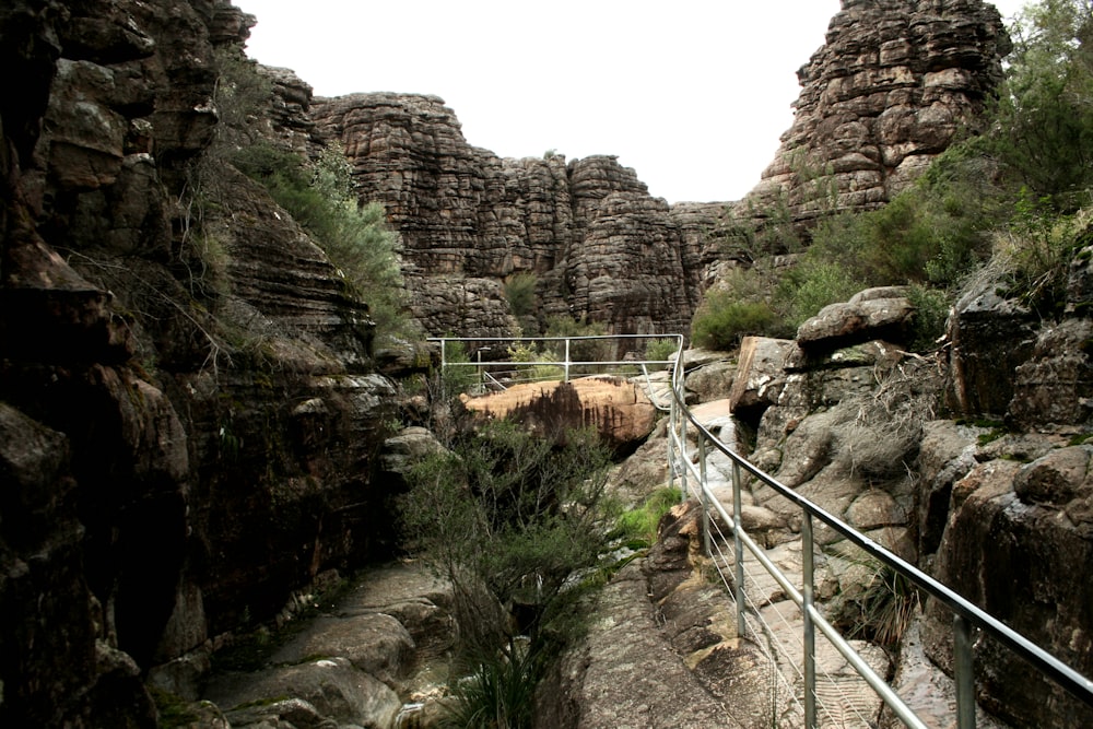 a metal walkway going through a rocky canyon