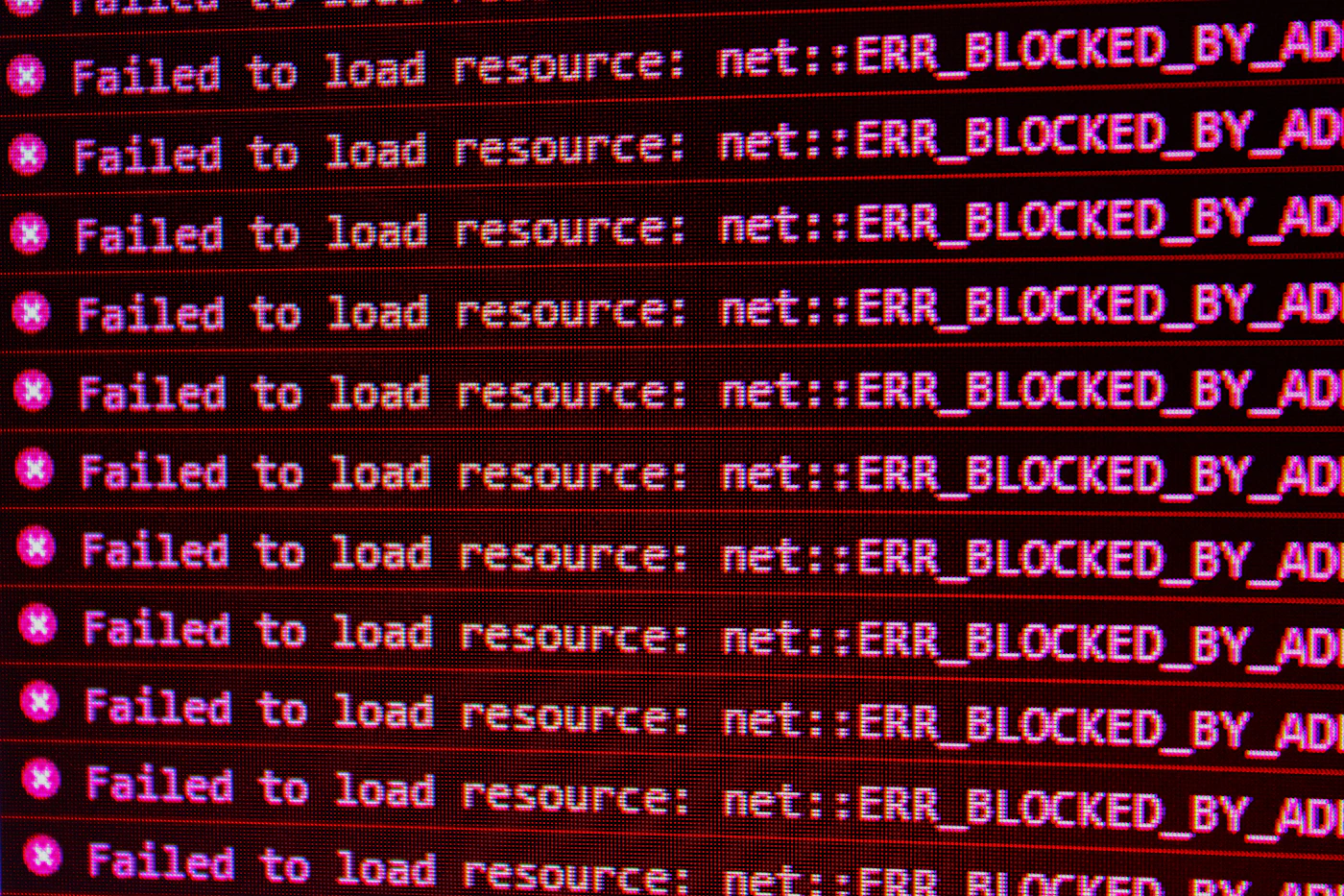 A computer screen showing a series of error messages in red