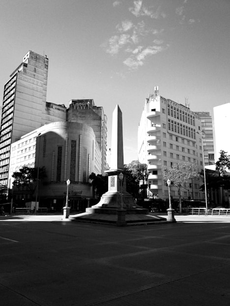 grayscale photo of city building