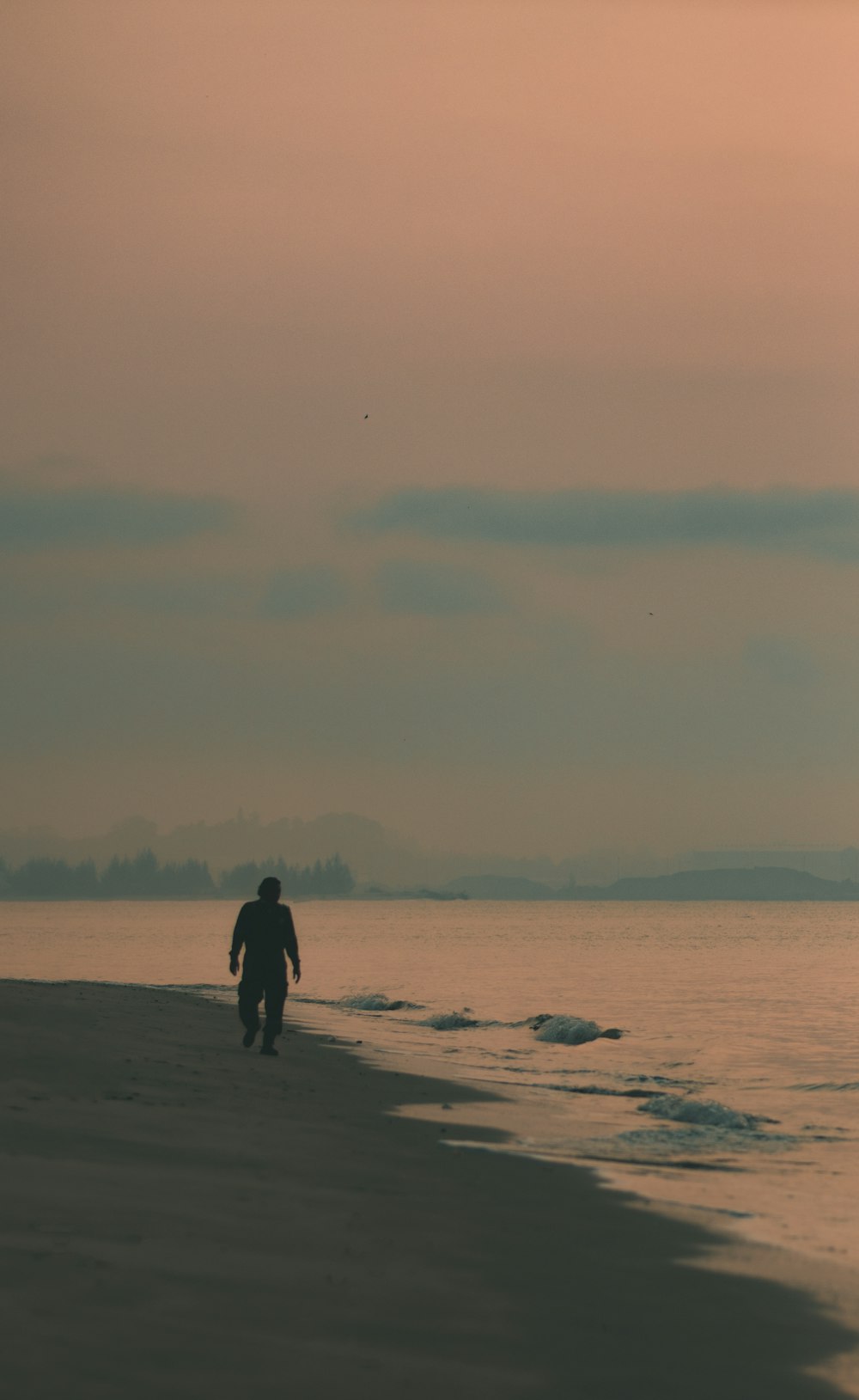 a man walking along a beach next to the ocean