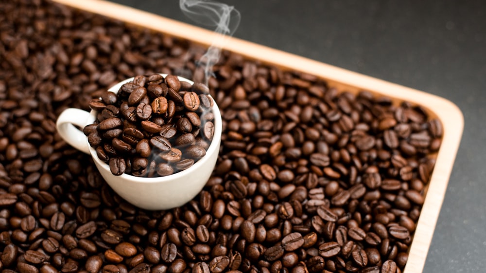 a white cup filled with coffee beans on top of a table