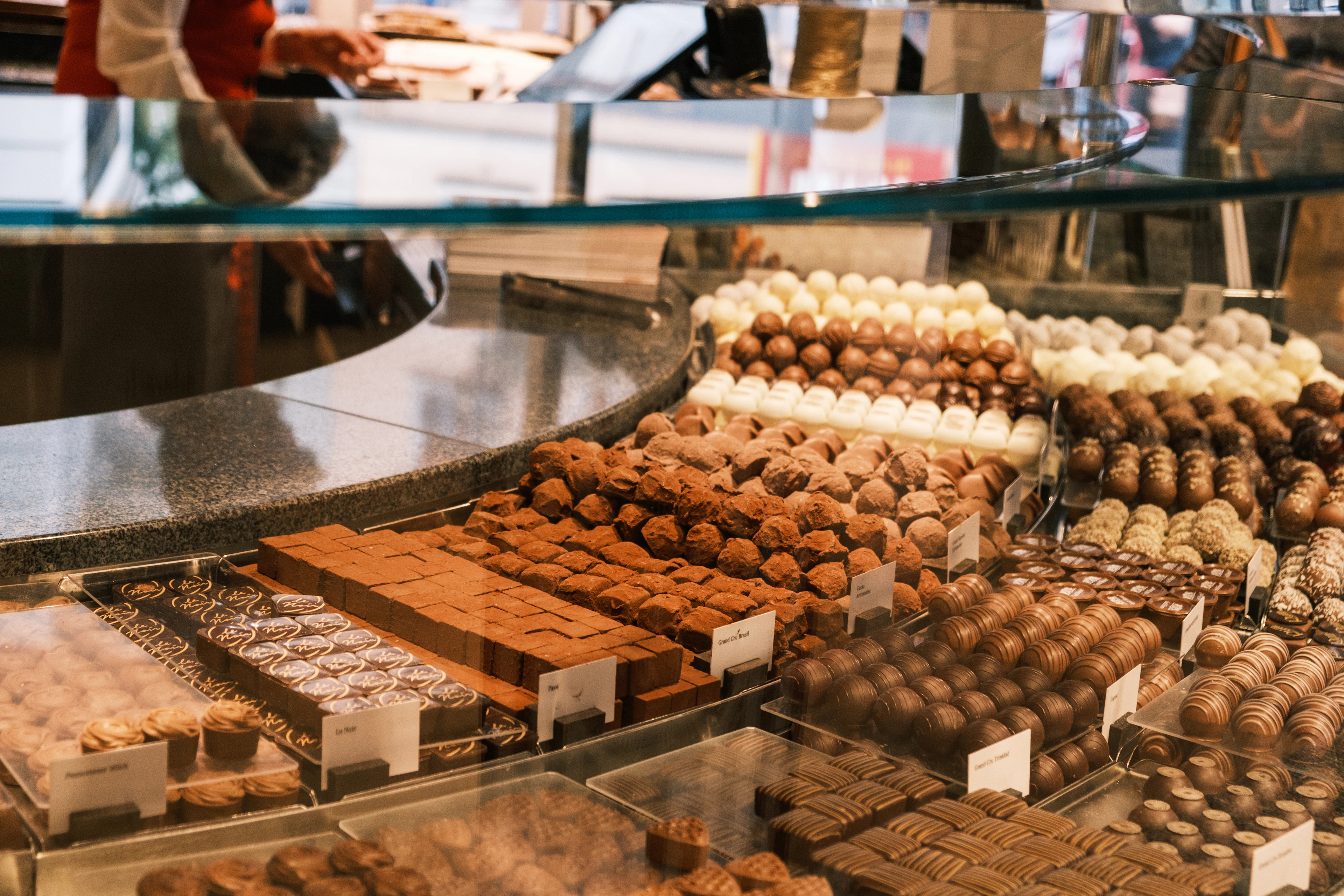 Swiss chocolate display at a Bern confiserie