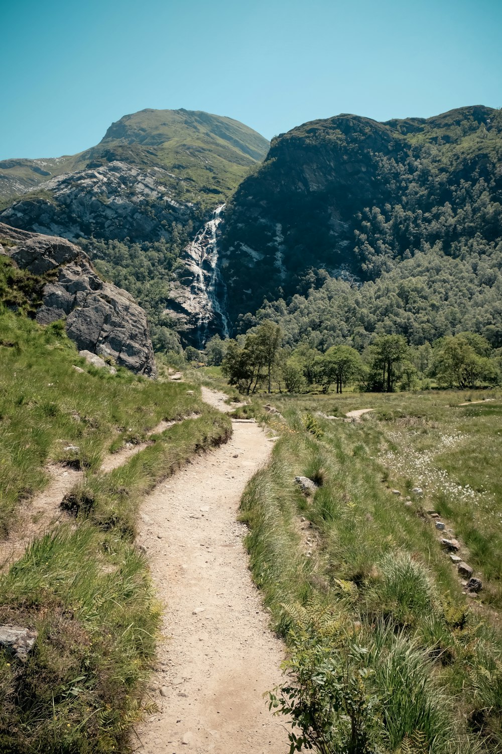 a dirt path in the middle of a grassy field