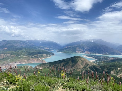 a scenic view of a lake surrounded by mountains